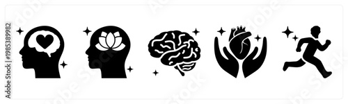 A set of 5 mix icons as mental health, stress relief, brain