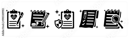 A set of 5 mix icons as medical report, prescription, health insurance