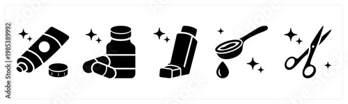 A set of 5 mix icons as ointment tube, antibiotics, inhaler