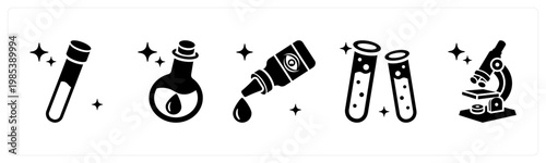 A set of 5 mix icons as blood sample, chemical bottle, eye drops