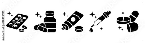 A set of 5 mix icons as blister pack, antibiotics, ointment tube,