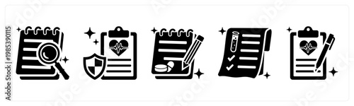 A set of 5 mix icons as research paper, health insurance, prescription