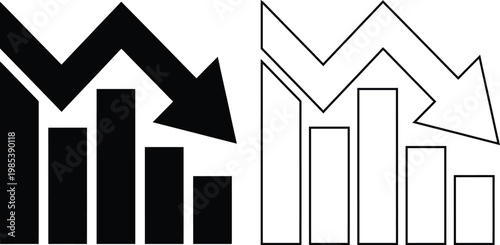 Vector icon set of a downward arrow bar graph chart in solid black silhouette and line outline isolated on white for business decline, financial loss, and economic market crash concept.