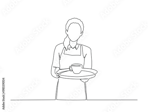 Continuous one line drawing of female barista holding a cup of coffee. Editable line vector.