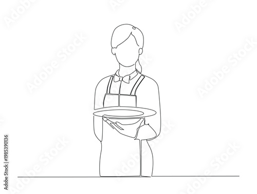 Continuous one line drawing of waitress holding a tray for a food service single line art concept of restaurant bar and cafe. Editable line vector.