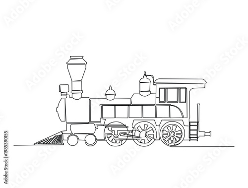 Continuous one line drawing of vintage steam train. Editable line vector.