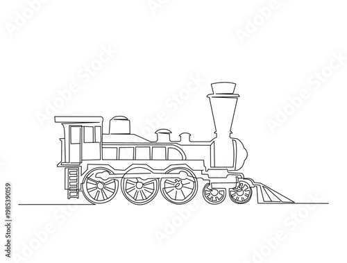 Continuous one line drawing of vintage locomotive steam train. Editable line vector.