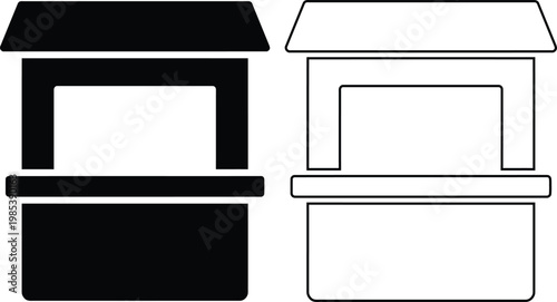 Minimalist flat vector icon set featuring a market stall booth kiosk counter with an awning in clean solid black silhouette and linear outline styles isolated on a white background.