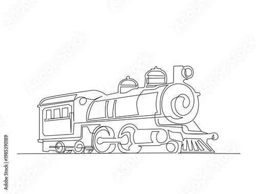 Continuous one line drawing of vintage locomotive steam train. Editable line vector.