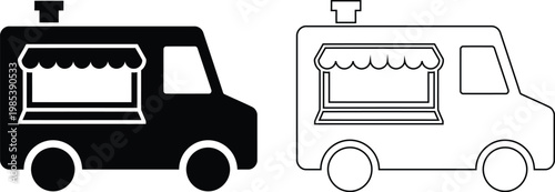 Minimalist flat vector icon set featuring a mobile street food truck vendor van with an awning in solid black silhouette and linear outline styles isolated on a white background.