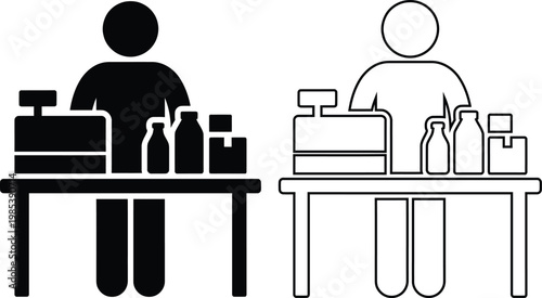 Minimalist flat vector icon set featuring a retail store cashier worker at a supermarket grocery checkout counter with a register in solid black silhouette and linear outline styles.