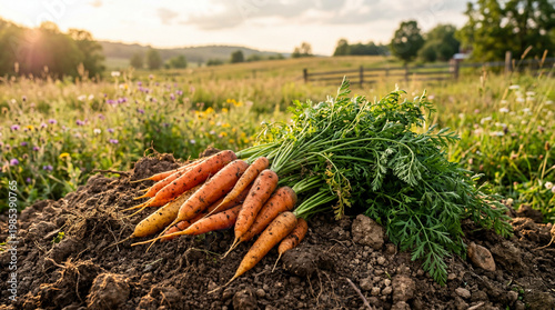 Freshly harvested carrots with green tops in a field at sunset