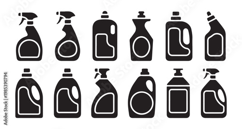 Black cleaning product icons with spray and detergent bottles