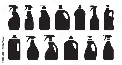 Cleaning supplies silhouettes with spray bottles and containers