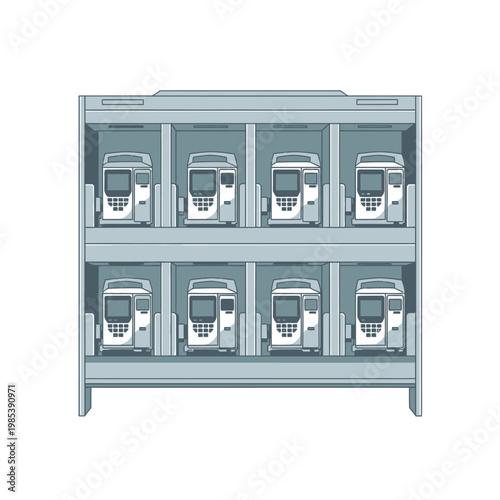 Row of identical ticket machines in a storage rack, automated dispensers