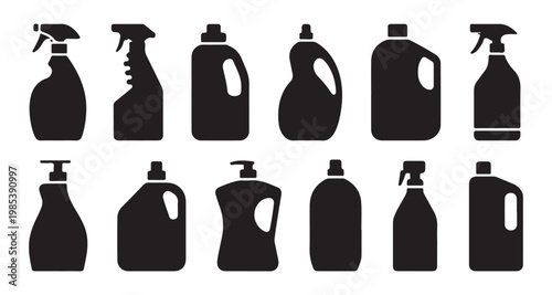 Household cleaning product icons in black silhouette style