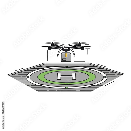 Drone delivering package to helipad, aerial delivery, modern technology