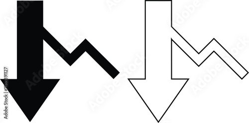 Vector icon set of a downward falling arrow graph chart in solid black silhouette and line outline isolated on white for business decline, financial loss, and economic crisis market crash.