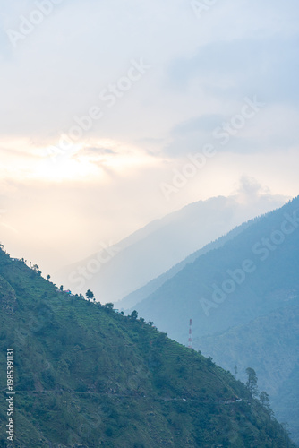 Canvas Print A serene mountain landscape with lush greenery near Madmaheshwar temple, Uttarak