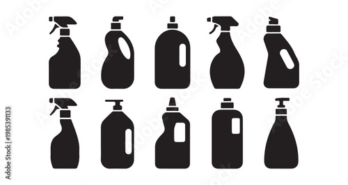 Cleaning spray bottles silhouettes with detergent containers set