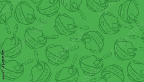 Spirulina Pattern Green Bowl Illustration. Handdrawn Style Packaging Background
