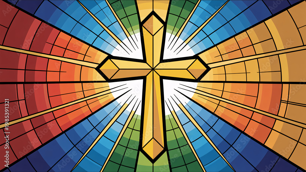 Naklejka premium A vibrant stained glass window depicting a radiant cross in a kaleidoscope of colors