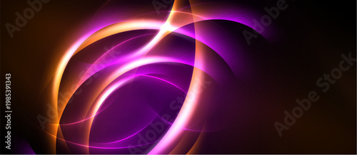 Abstract glowing lines form swirling shapes. Purple, orange hues dominate dark background. Dynamic energy radiates from center.