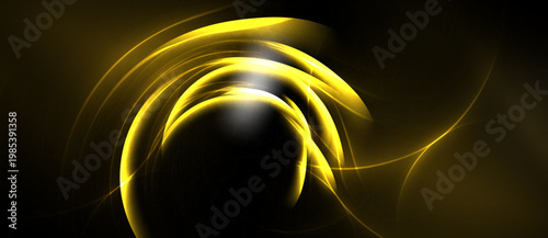 Abstract golden swirls, dynamic curves, bright light source. Dark background emphasizes flowing shapes, creating elegant visual effect.
