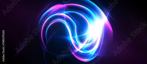 Bright swirling lights form abstract shapes against dark background. Vivid blues, pinks create dynamic energy.