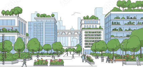 Modern urban buildings with rooftop gardens and lush greenery create a sustainable cityscape for people walking through the peaceful park