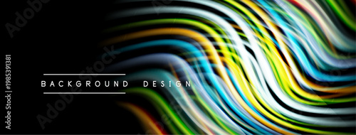 Abstract colorful lines create dynamic flow. Black background emphasizes vibrant curves, modern design element.