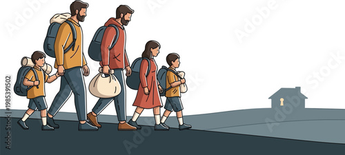 Refugee family walking with backpacks toward a bright house silhouette in the distance representing hope for a new peaceful home