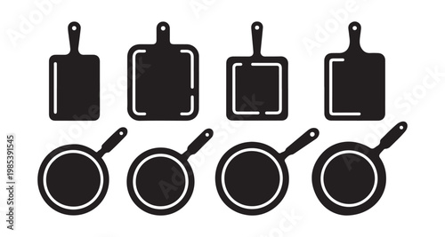 Cooking equipment icon set with pots pans and kitchen tools