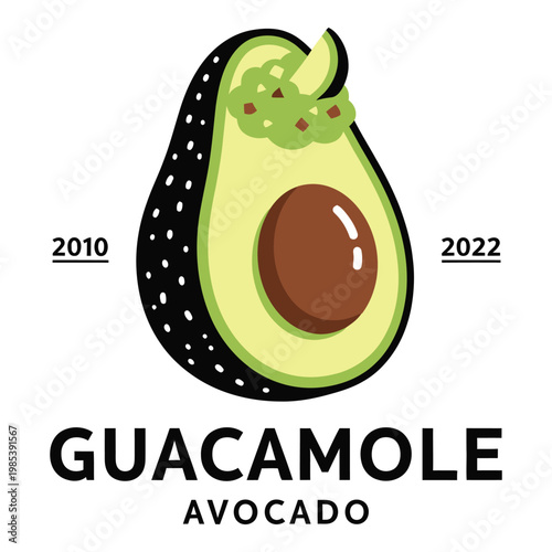 Cartoon illustration of a halved avocado with brown pit and green skin icon