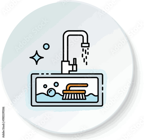 Kitchen sink with a running faucet and cleaning brush inside showing a sparkling environment for washing dirty household dishes today