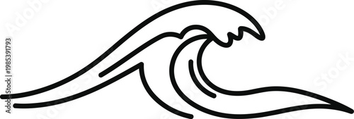 A simple elegant black outline illustration of a stylized ocean wave breaking on a pristine white background representing water movement and nature.