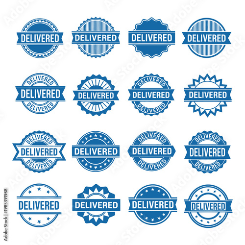 Collection of blue delivered stamps and badges with various designs icon