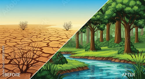 This powerful illustration dramatically contrasts a parched, cracked desert landscape with dead trees against a vibrant, lush forest featuring a flowing river.