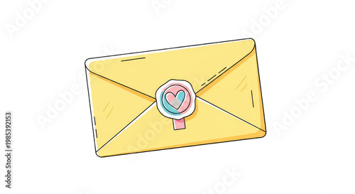 Yellow Envelope with Heart Wax Seal - Cute Letter Illustration