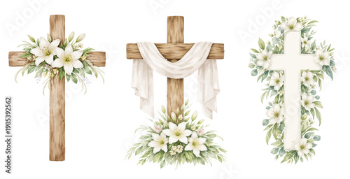 A set of Christian crosses made of green leaves and white lily flowers. Watercolor illustration for Easter, Epiphany, Christening, invitations, postcards, packaging.