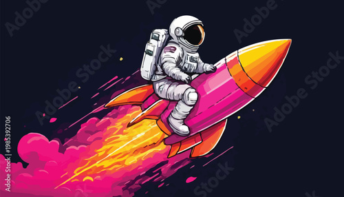 Astronaut Riding a Rocket Through Space with Colorful Smoke Trails.