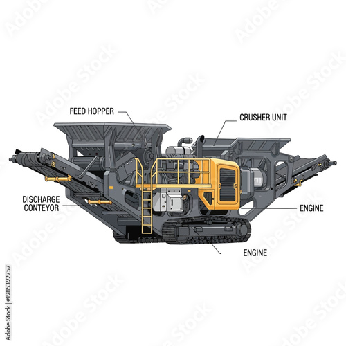 Mobile Crushing Machine with Labeled Components - Industrial Equipment Illustration