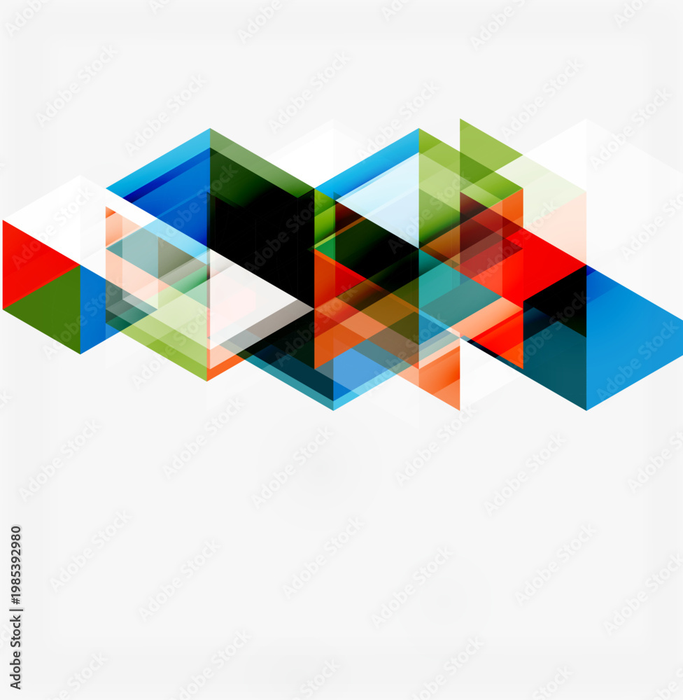 Fototapeta premium Abstract geometric shapes overlap, creating dynamic visual texture. Bright colors contrast against white background. Modern design element.