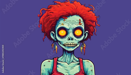 Cartoon Zombie Woman with Red Hair and Glowing Eyes.