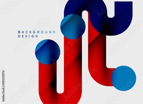 Abstract shapes overlap, creating dynamic red, blue gradients. Minimalist design with clean lines, modern aesthetic. Background is light gray.