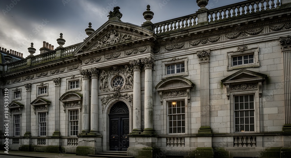 Obraz premium Dramatic Historic Baroque Style Civic Building with Heavy Columns, Sculpted Pediments, and Tall Windows, Shot Under Moody Evening Skies, Emphasizing Ornate Stonework, Dark Doorway, and the Grand, Somb