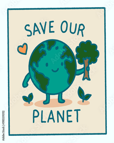 Save Our Planet Earth Character Illustration with Tree and Heart