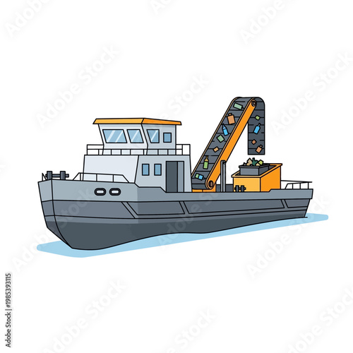 Ocean Cleanup Boat with Conveyor Belt Collecting Plastic Waste