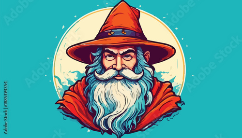 Illustration of a Wizard with a Pointed Hat and Long Beard.