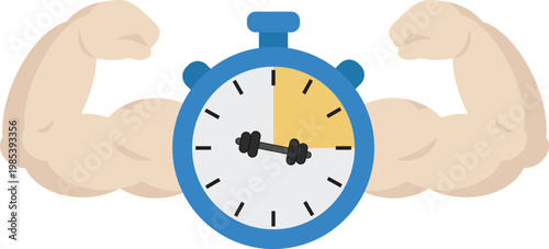 Vector illustration of a stopwatch with flexed muscular arms and a dumbbell inside the dial, symbolizing workout timing, strength training, and fitness performance.